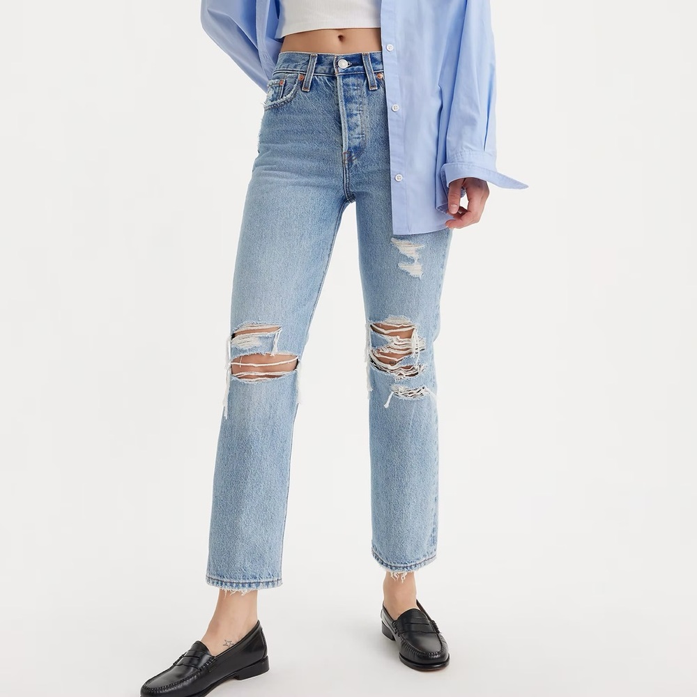 Levi’s distressed jeans. Non stretch. 100% cotton denim.